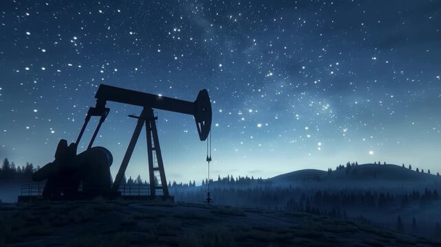 Photorealistic night scene of oil pump jack under star-filled sky with floodlight illumination