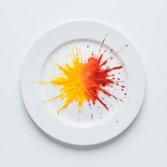Vibrant Burst of Yellow and Red Paint on White Plate - Creative Art Splash