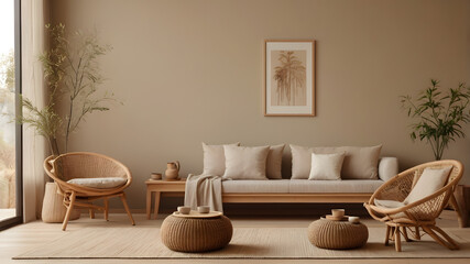 A living room with a tan wall and a beige couch