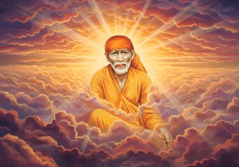 Sai Baba in Cloudscape, Divine Portrait Indian Spiritual Guru, Religion Art and Cloud Background.
