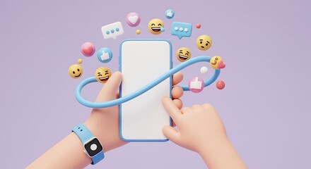 Cartoon Hands Holding Smartphone surrounded by Emoji Symbols Representing Social Media Communication and Digital Interaction in a Colorful and Playful Design