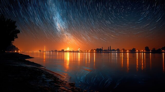 Star trails over a calm river at night - Powered by Adobe