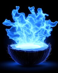 Mystical Blue Flames Emanating from a Coconut in Vibrant Surreal Art