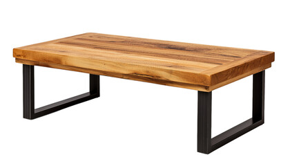 A solid wood coffee table with metal legs, isolated on a transparent background in PNG format.