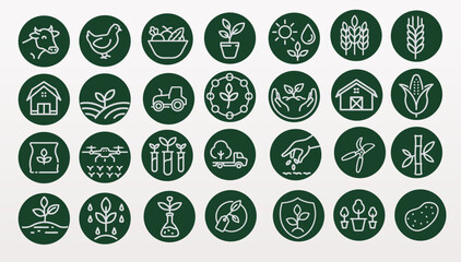 Agriculture farming icons collection. Farm cultivation linear symbols set. Livestock crop drone research. Green background white line vector