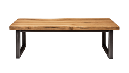 A solid wood coffee table with metal legs, isolated on a transparent background in PNG format.