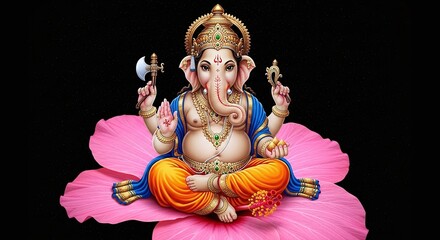 Digital illustration of lord ganesha seated on lotus flower with black background