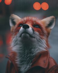 Fashionable Fox in a Leather Jacket Posing in the Rain with Dramatic Bokeh Background