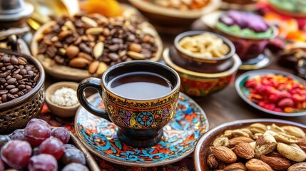 Fototapeta premium Colorful Display of Middle Eastern Snacks and Coffee on Table
