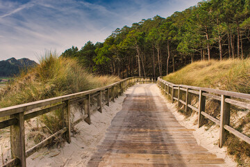 Wooden path in the C&iacute;es Islands, Galicia, Spain.