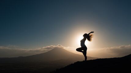 Yoga silhouette on volcano edge as wind lifts hair, wide volcanic horizon behind, flare from low sun, harsh light and shadow theme, freedom photo style