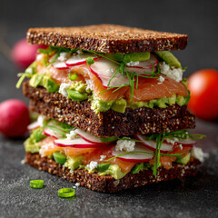 Sandwich featuring avocado and salmon on a dark backdrop with green onions and gluten free grain bread along with radishes and tomatoes cottage cheese copyspace sandwich for takeout healthy fast food