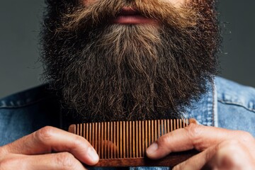 Close-up of bearded man grooming his beard with wooden comb