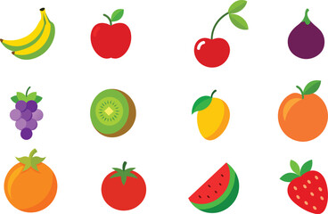 Set of Colorful fruits vector. Editable eps file illustration Apple, Bananas, Cherry, Fig, Grapes, Kiwi, mango, Nectarine, Orange, Strawberry, Tomato, Watermelon
