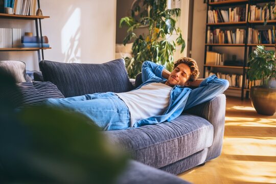 Young man relaxing on a sofa at home in the morning light