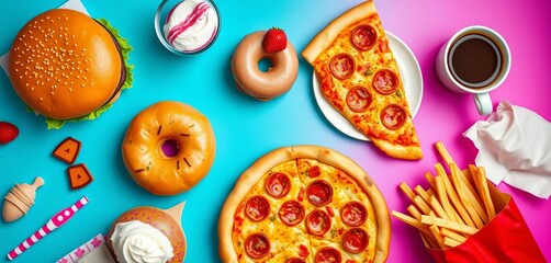 Colorful flat lay of burger, pizza, donut, ice cream, coffee and fries,  dessert,  savory