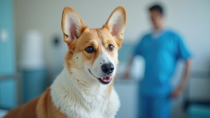 corgi with alert expression sits in veterinary clinic. Blurred medical professional in blue uniform in background