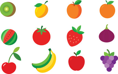 Set of Colorful fruits vector. Editable eps file illustration Apple, Bananas, Cherry, Fig, Grapes, Kiwi, mango, Nectarine, Orange, Strawberry, Tomato, Watermelon