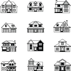 Silhouette residential houses collection simple line style vector illustrator