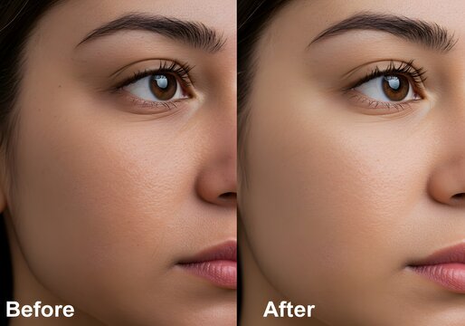 Skin Tone Transformation Before and After Woman's Face Showing Cosmetic Enhancement and Makeup Comparison.