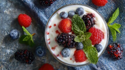 Creamy Yogurt Smoothie with Berries and Mint Flatlay