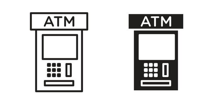 ATM machine icon in a black stroke vector design and flat solid version on white background