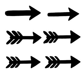 Set of six black silhouettes of arrows isolated on white background