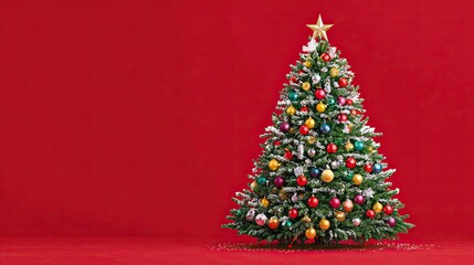 Decorated Christmas tree with colorful baubles and golden star on red background with snowy branches