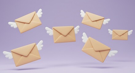 Flying Envelopes with Angel Wings Representing Fast Email Delivery and Communication in Digital Age Pastel Background