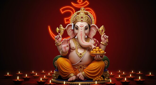Digital illustration of lord ganesha sitting with oil lamps and glowing om symbol background