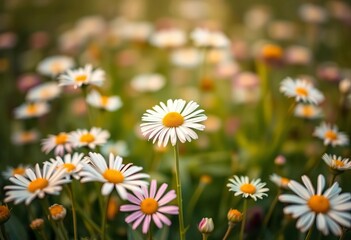 Dreamy soft focus daisy field, bokeh glitter, spring blossom, wildflower landscape , ai art, sunlight