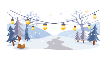 Winter landscape scene with snow falling and string lights illustration for christmas holiday season