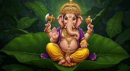 Digital illustration of lord ganesha seated on a large leaf surrounded by lush greenery