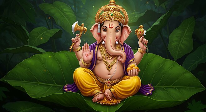 Digital illustration of lord ganesha seated on a large leaf surrounded by lush greenery