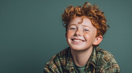 A cheerful, freckled boy with curly red hair smiles brightly against a solid, neutral background, wearing a green plaid shirt.