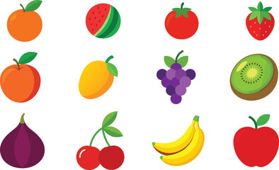 Set of Colorful fruits vector. Editable eps file illustration Apple, Bananas, Cherry, Fig, Grapes, Kiwi, mango, Nectarine, Orange, Strawberry, Tomato, Watermelon