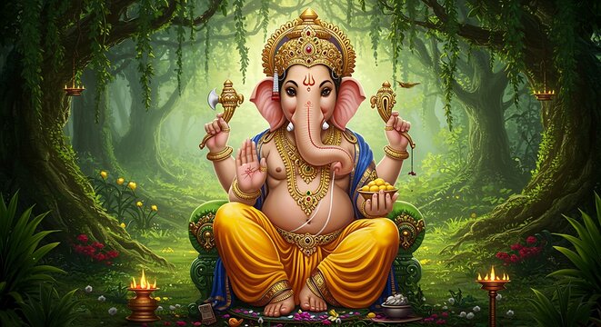 A beautiful depiction of lord ganesha with lush forest backdrop and golden jewelry