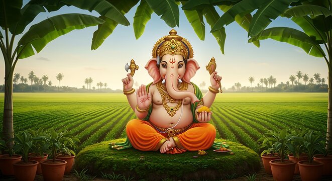 Vibrant illustration of lord ganesha in a lush green agricultural field with banana leaves