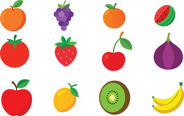 Set of Colorful fruits vector. Editable eps file illustration Apple, Bananas, Cherry, Fig, Grapes, Kiwi, mango, Nectarine, Orange, Strawberry, Tomato, Watermelon