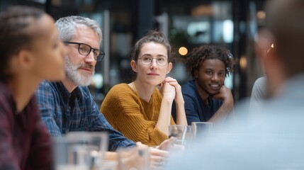 Diverse business team listening during meeting in office. Group of professionals attentively participating in office discussion