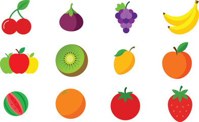 Set of Colorful fruits vector. Editable eps file illustration Apple, Bananas, Cherry, Fig, Grapes, Kiwi, mango, Nectarine, Orange, Strawberry, Tomato, Watermelon