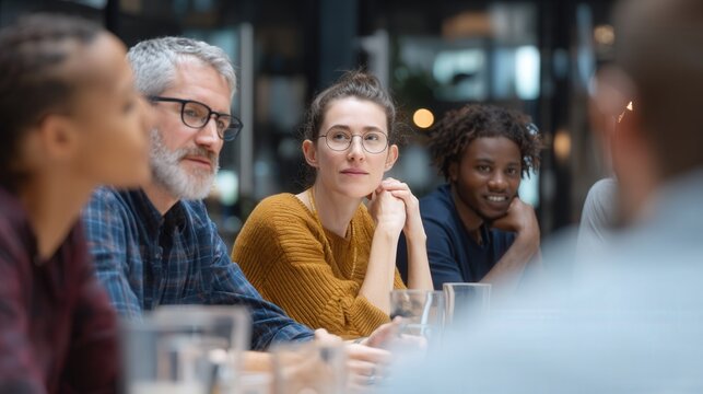 Diverse business team listening during meeting in office.  Group of professionals attentively participating in office discussion