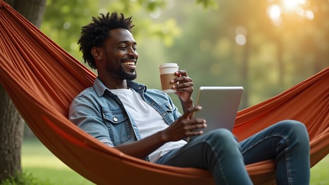 Relaxed black man sitting in a hammock with a cup of coffee and a touchpad

