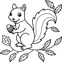 Cheerful squirrel holding acorn on tree branch