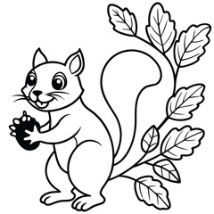 Cheerful squirrel holding an acorn on a tree branch