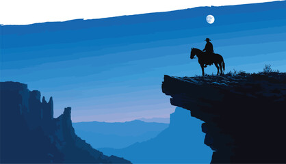 A cowboy on horseback silhouetted against a blue moonlit sky on a cliff edge overlooking mountains