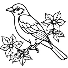 Chirping bird perched on a blooming flower branch