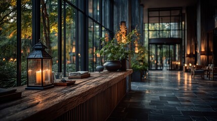 Tranquil hotel lobby with warm lighting, wooden surfaces, and greenery