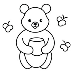 Adorable baby bear with honey pot and buzzing bees