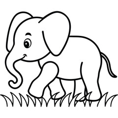 Cute baby elephant walking through grass outline design